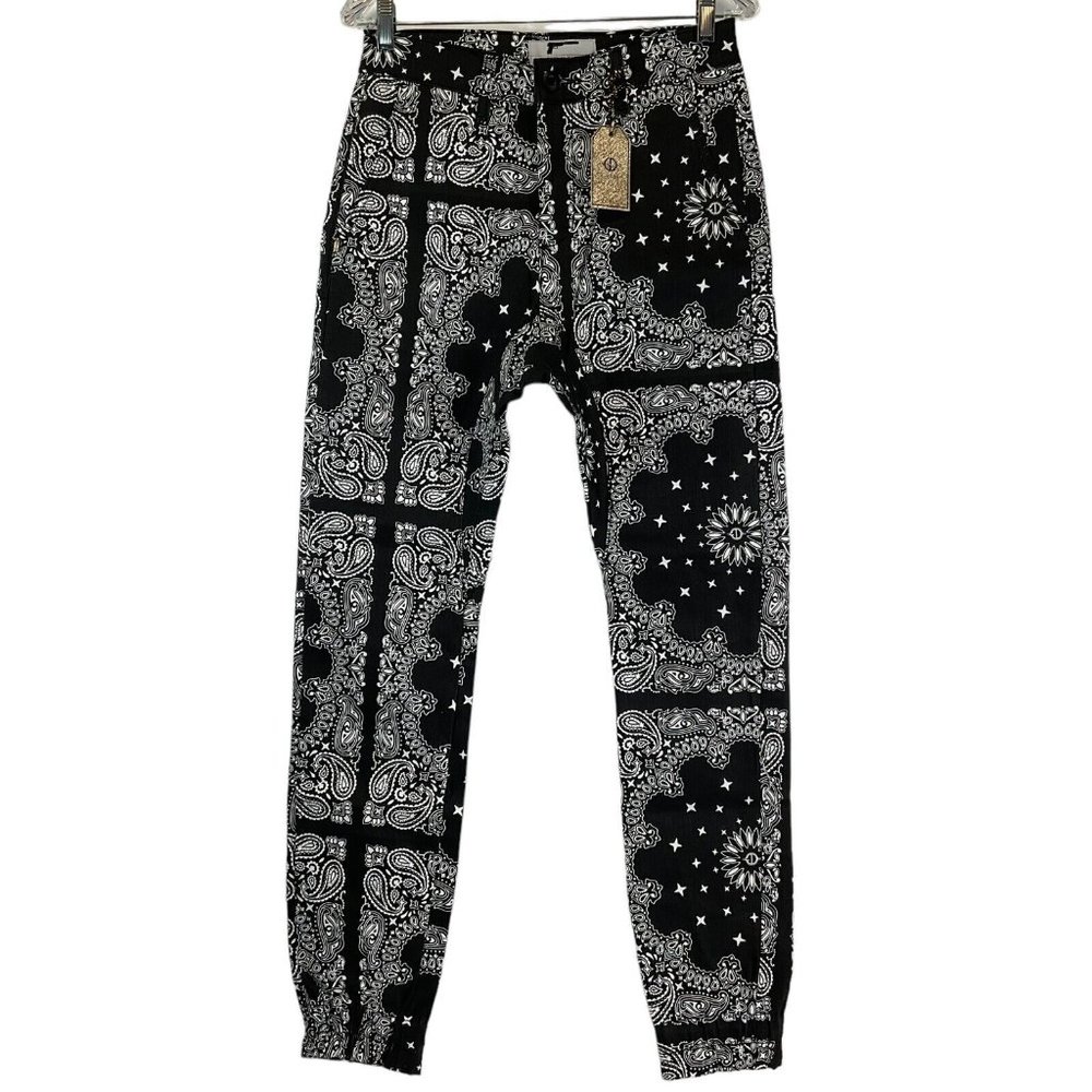 Golden Denim Jogger Pants Mens Sz 30 Black White Paisley Print Stretch $110 Nwt